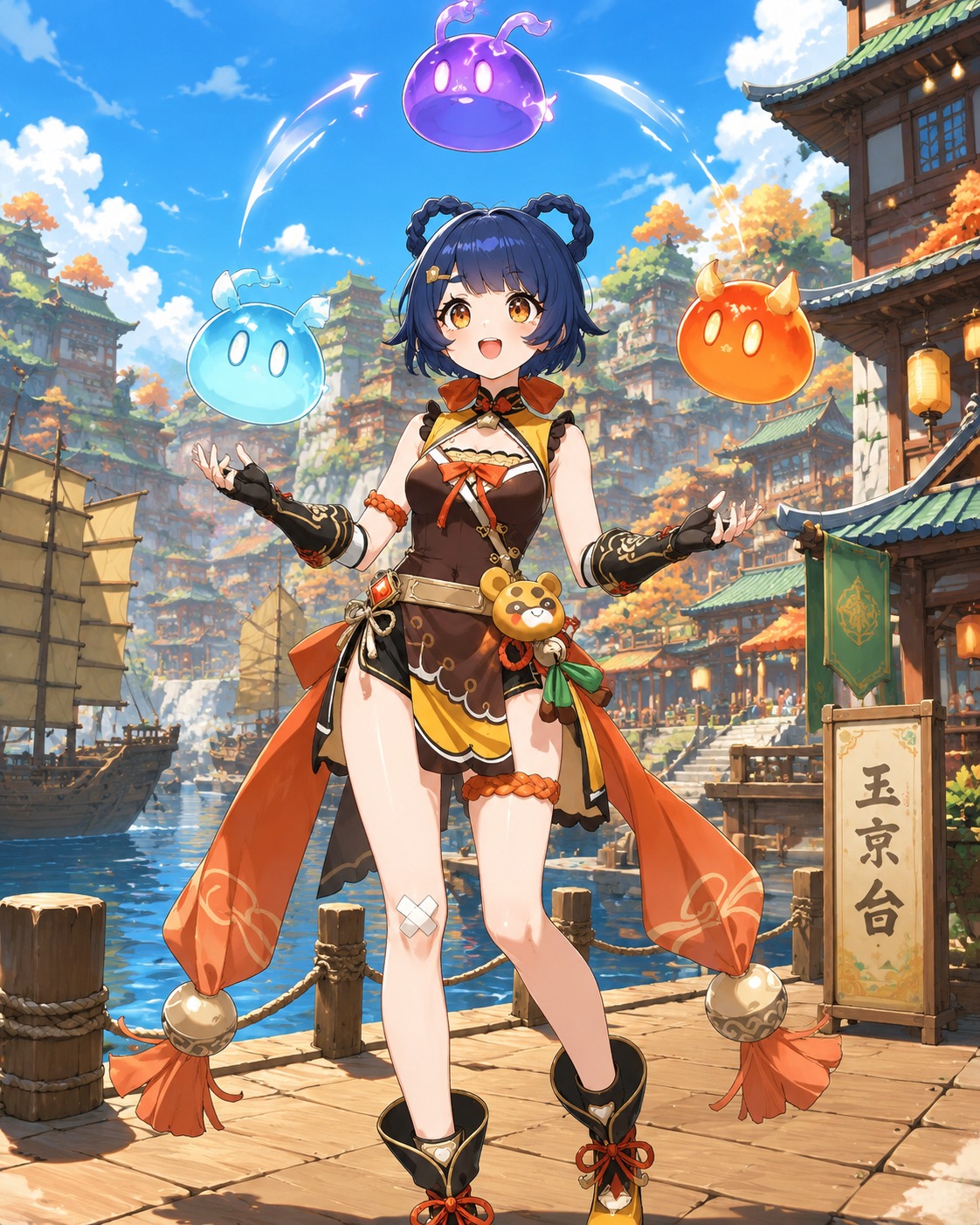 Juggling three different slimes simultaneously On a sun-drenched dock in Liyue Harbor (vibrant cel-shaded anime style)