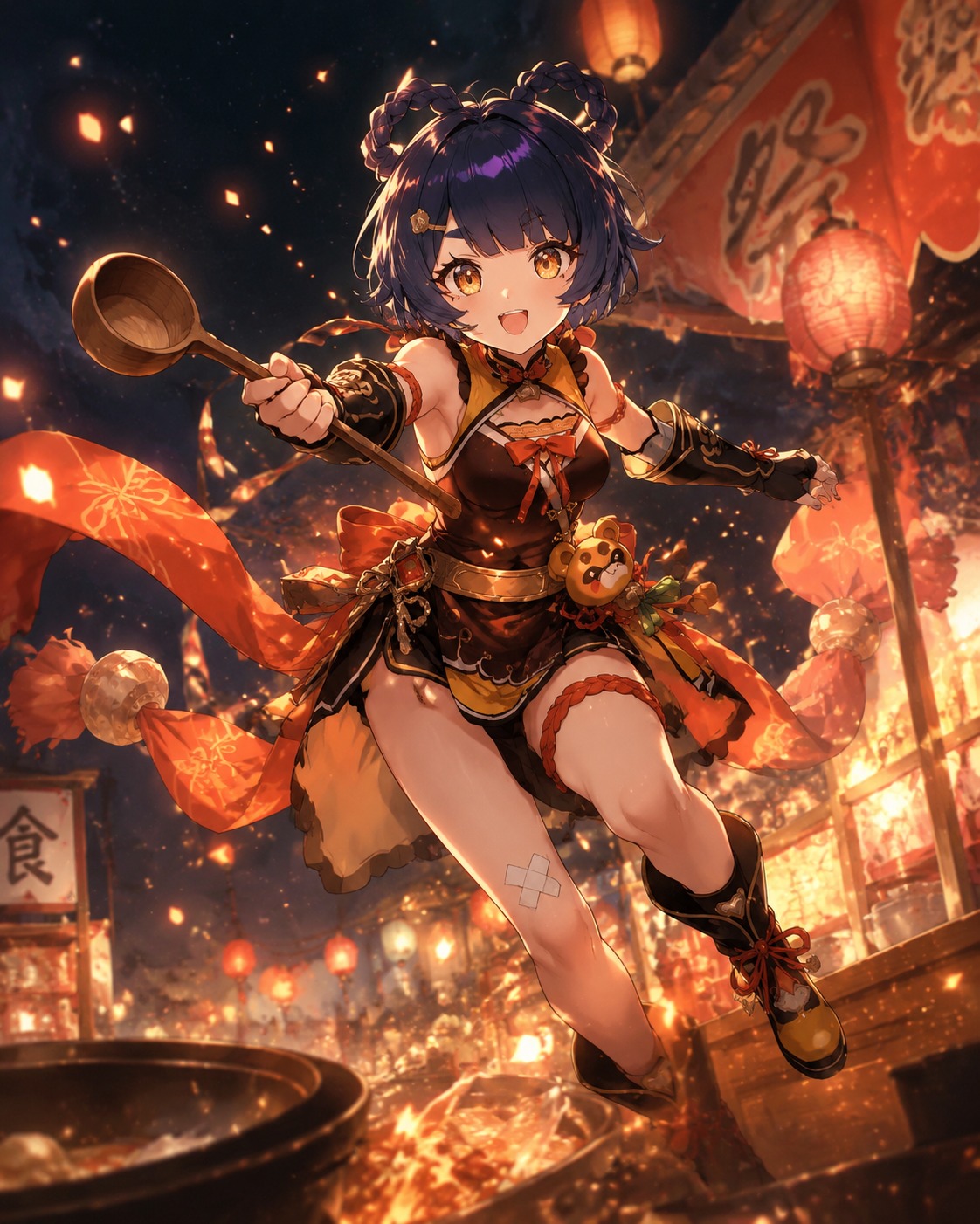 Leaping mid-air while clutching a wooden ladle At a colorful festival stall at night (cinematic dramatic lighting with heavy embers)
