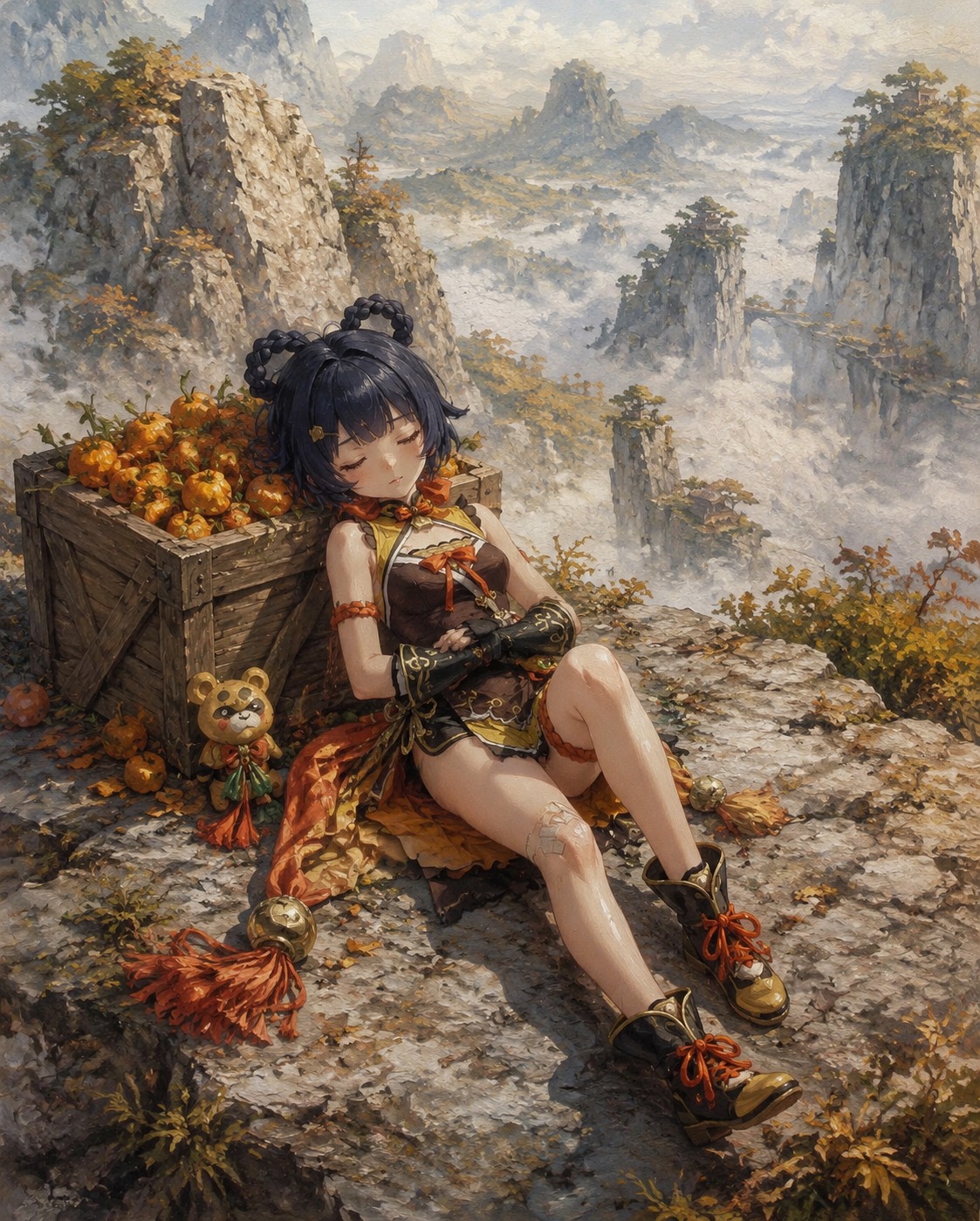 Napping against a crate of jueyun chilis On a misty peak in Jueyun Karst (hyper-detailed oil painting on canvas)