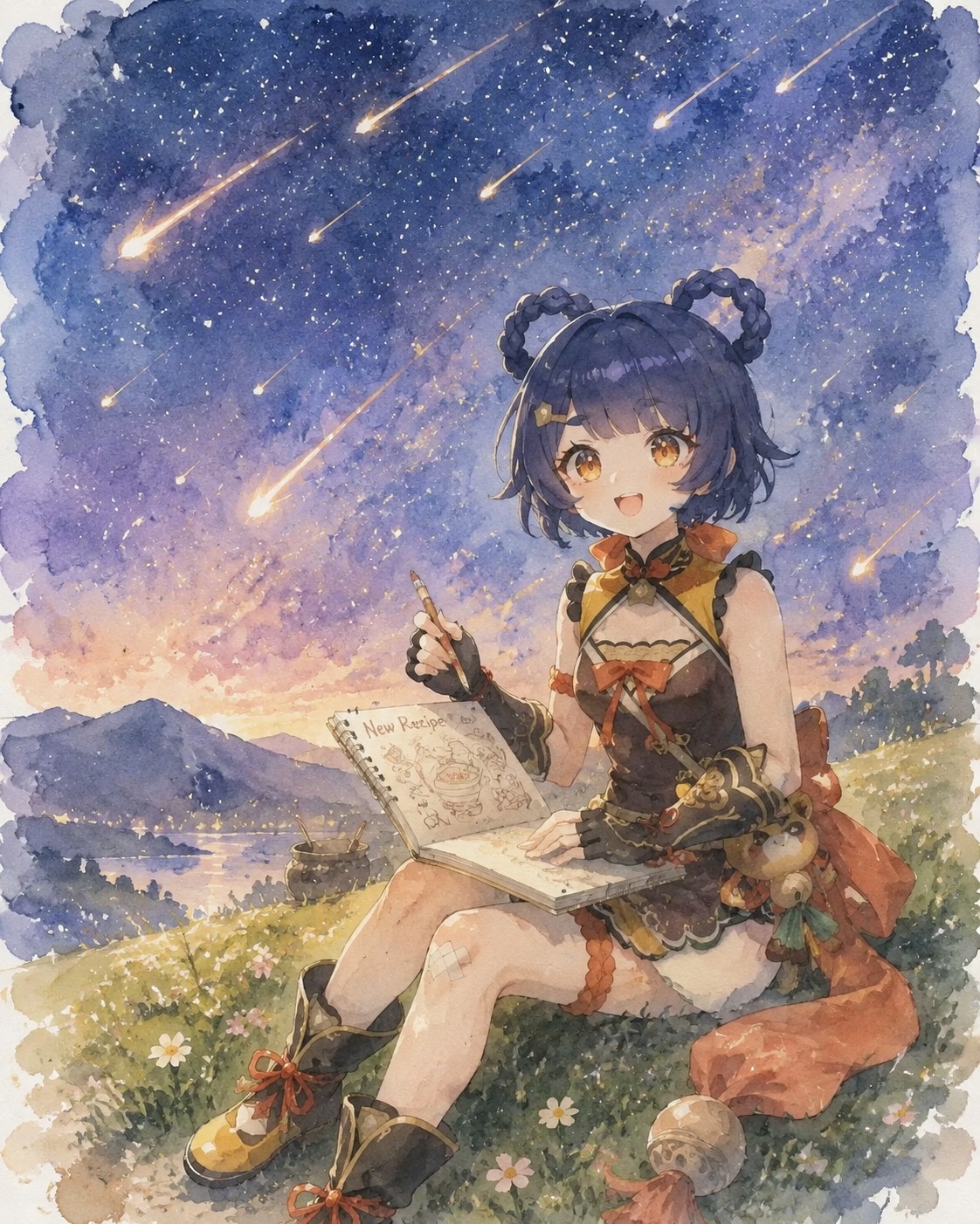 Sketching a new recipe in a notebook On a grassy hill under a meteor shower (soft watercolor with bleeding edges)