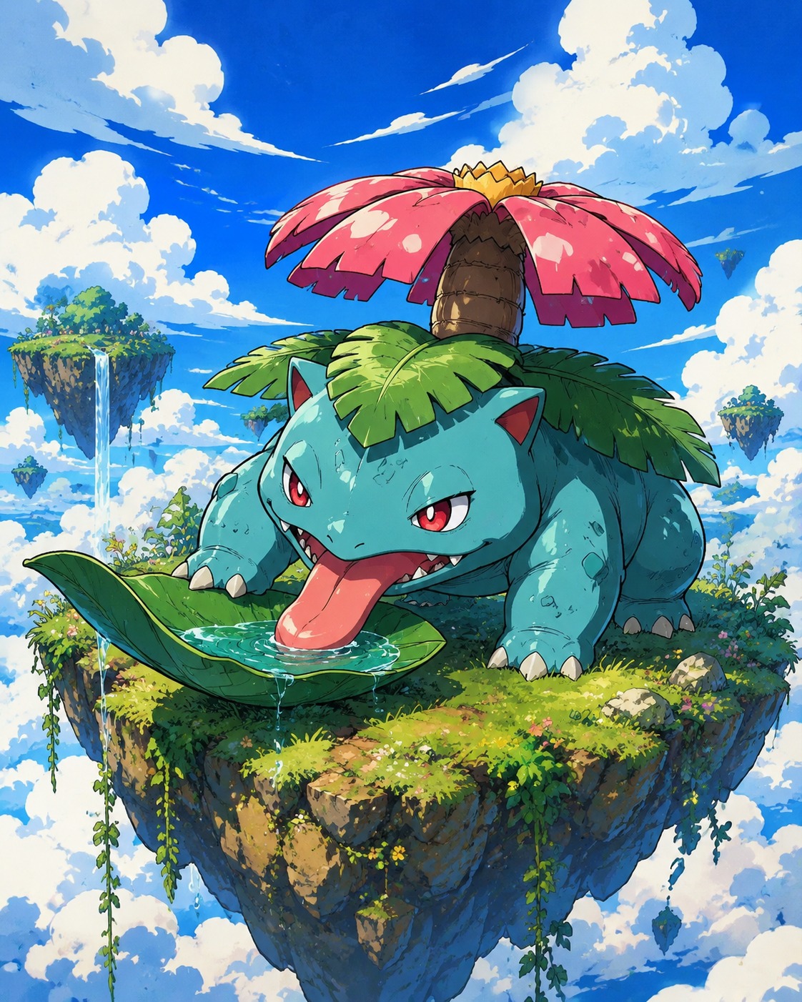 Drinking rainwater collected on a large leaf On a floating island drifting above the clouds (vibrant 90s cel-shaded anime style)