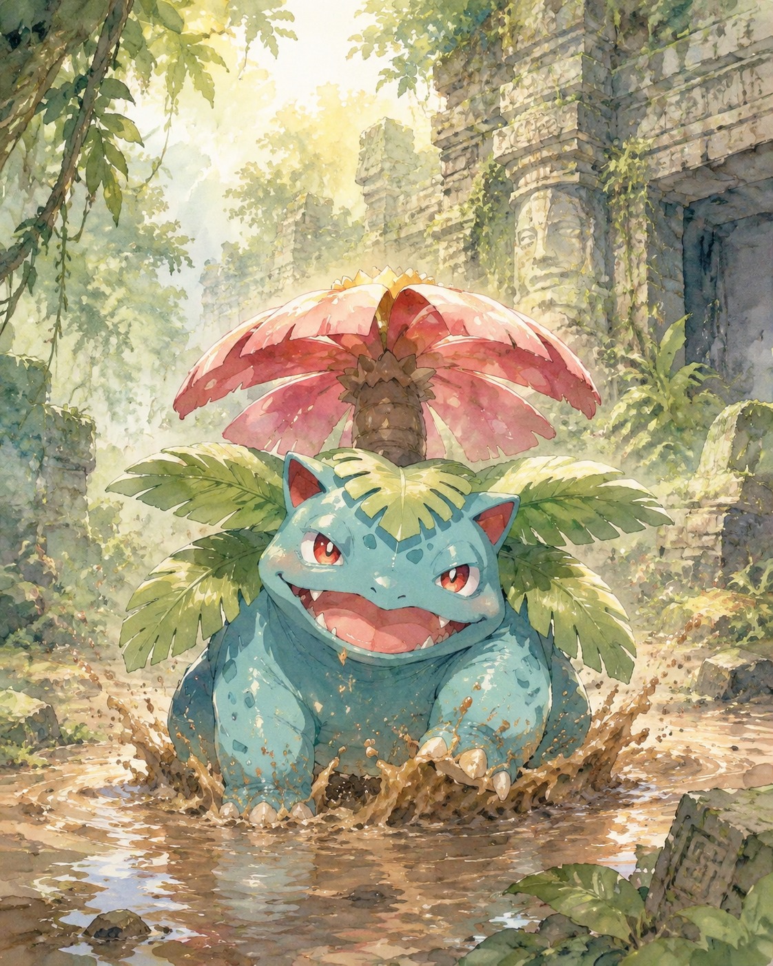 Splashing playfully in a shallow mud puddle At the overgrown ruins of an ancient jungle temple (ethereal watercolor with soft morning glow)