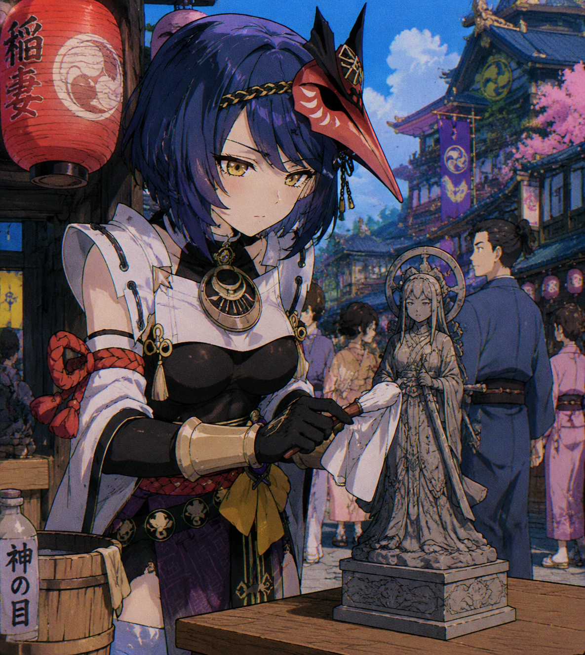 Cleaning a small statue of the shogun On the bustling streets of Inazuma City (retro 90s cel-shaded anime style)