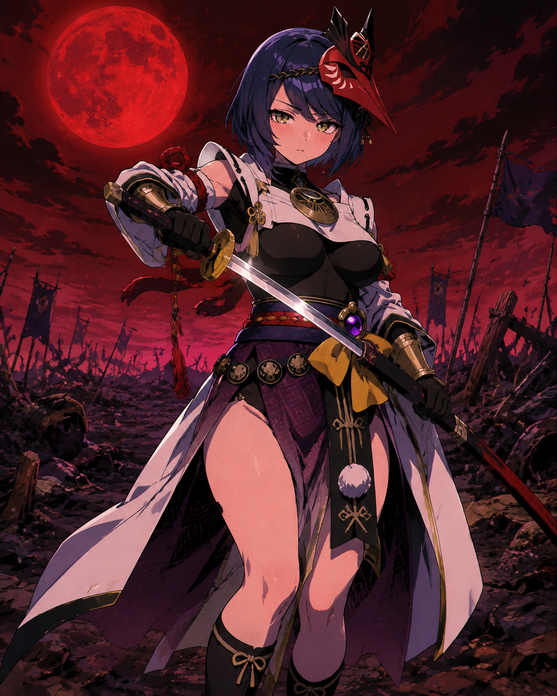 Drawing a curved katana from its sheath On a desolate battlefield under a red moon (retro 90s cel-shaded anime style)