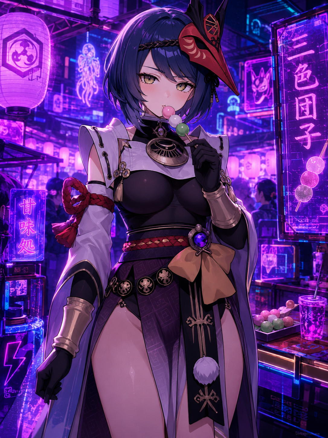 Eating a sweet tri-color dango skewer At a lively summer festival stall (neon cyberpunk aesthetic, electric violet glow)
