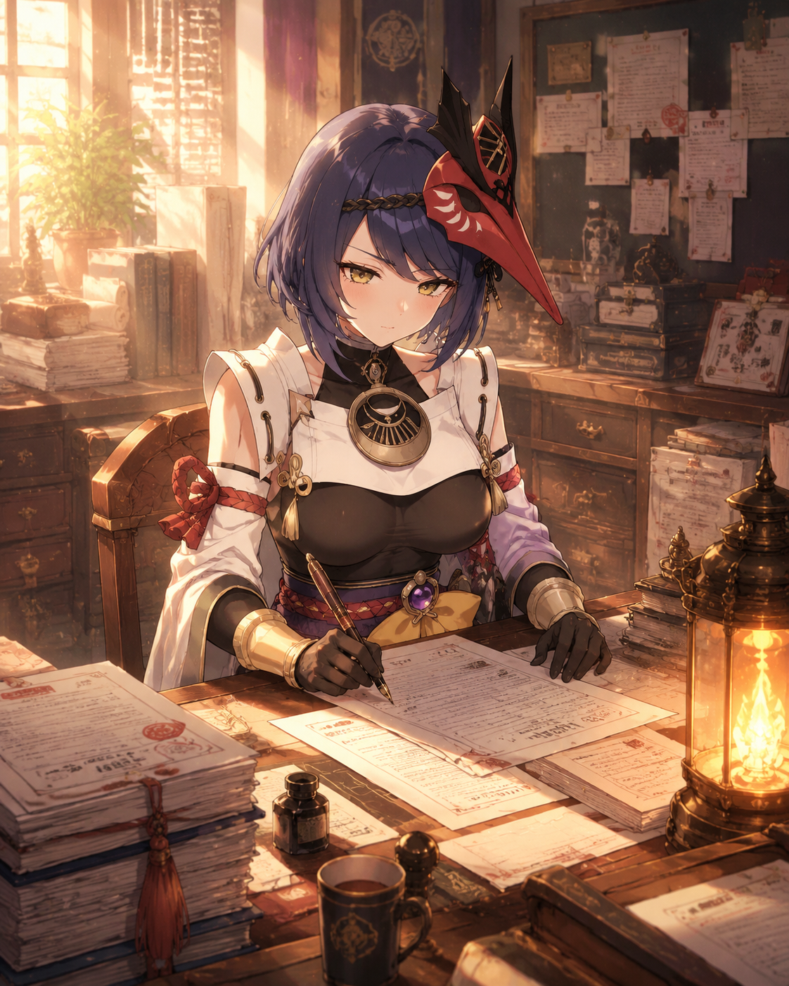 Filing official military reports at a desk At a cluttered office by flickering lamplight (soft pastel anime, warm sunbeams)