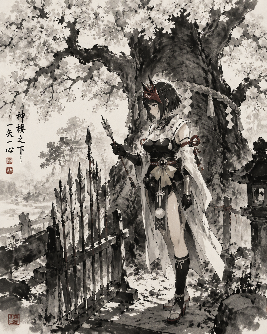 Inspecting a row of iron-tipped arrows At the base of the Sacred Sakura tree (traditional ink wash painting, high contrast)