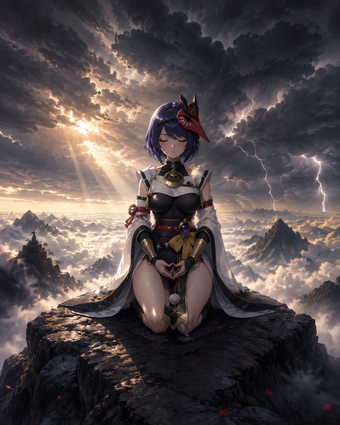 Meditating in a formal seiza pose On a high mountain peak above the clouds (cinematic digital art, dramatic thunder clouds)