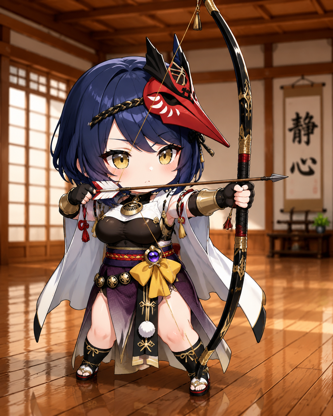 Practicing archery with a black lacquer bow In a silent dojo with polished wooden floors (adorable chibi style, saturated colors)