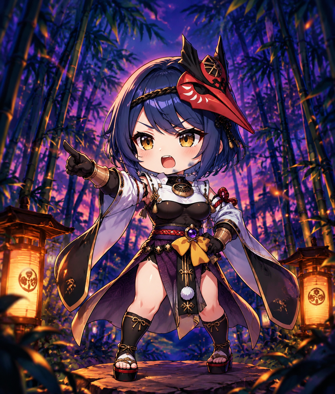 Shouting commands to an unseen platoon In a dense bamboo grove at twilight (adorable chibi style, saturated colors)