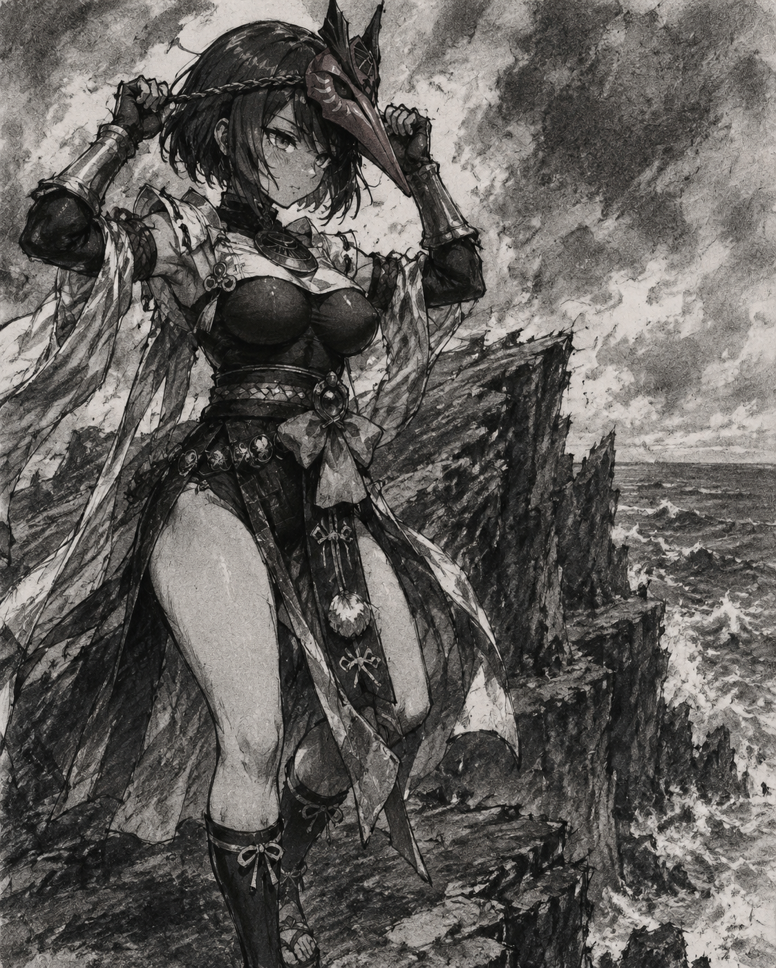 Tightening the straps on a red tengu mask At the edge of a jagged seaside cliff (rough charcoal sketch, gritty textures)