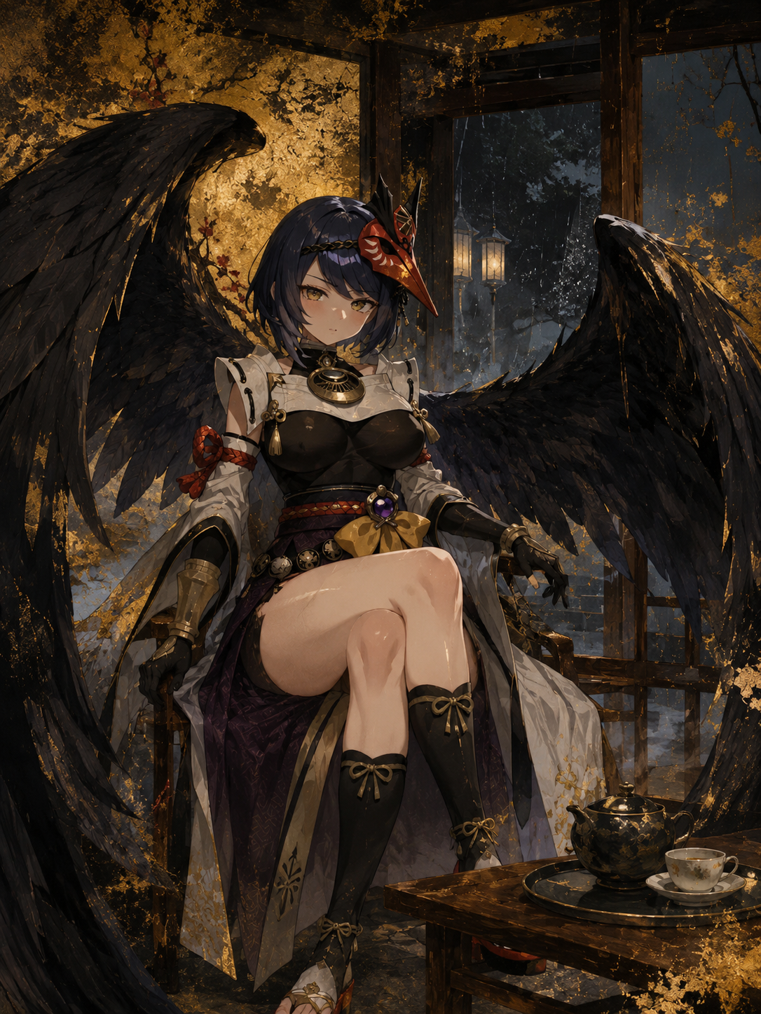 Unfurling massive jet-black wings In a quiet tea house during a rainstorm (elegant oil portrait, gold leaf accents)