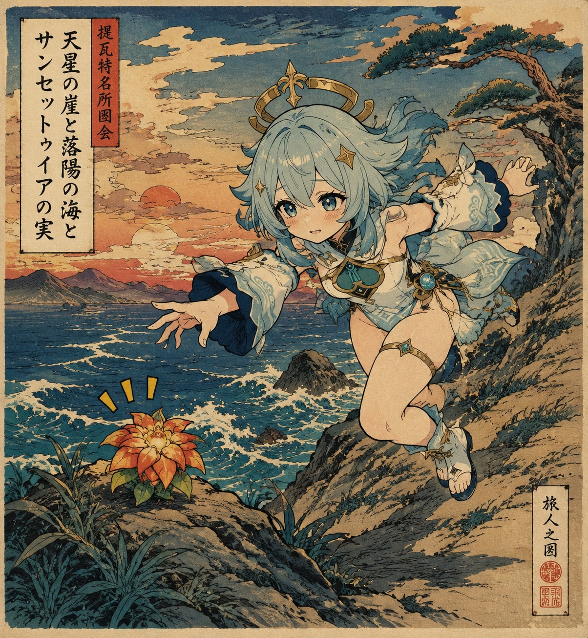 Bouncing toward a stray sunsettia fruit On a windswept cliff overlooking the ocean (ukiyo-e woodblock print, bold ink lines)
