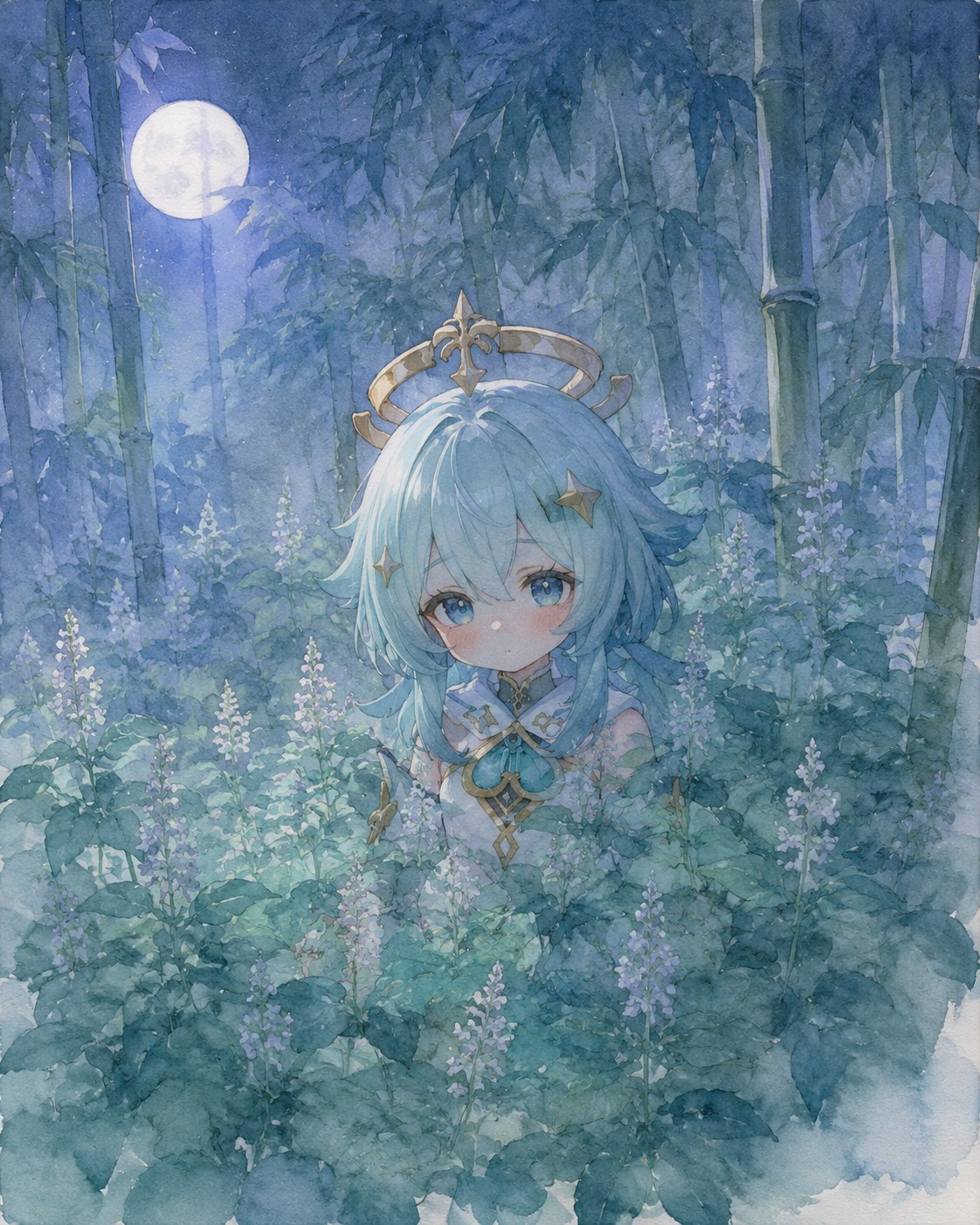 Camouflaging among a patch of wild mint In a quiet bamboo grove at midnight (delicate watercolor, soft edges and washes)