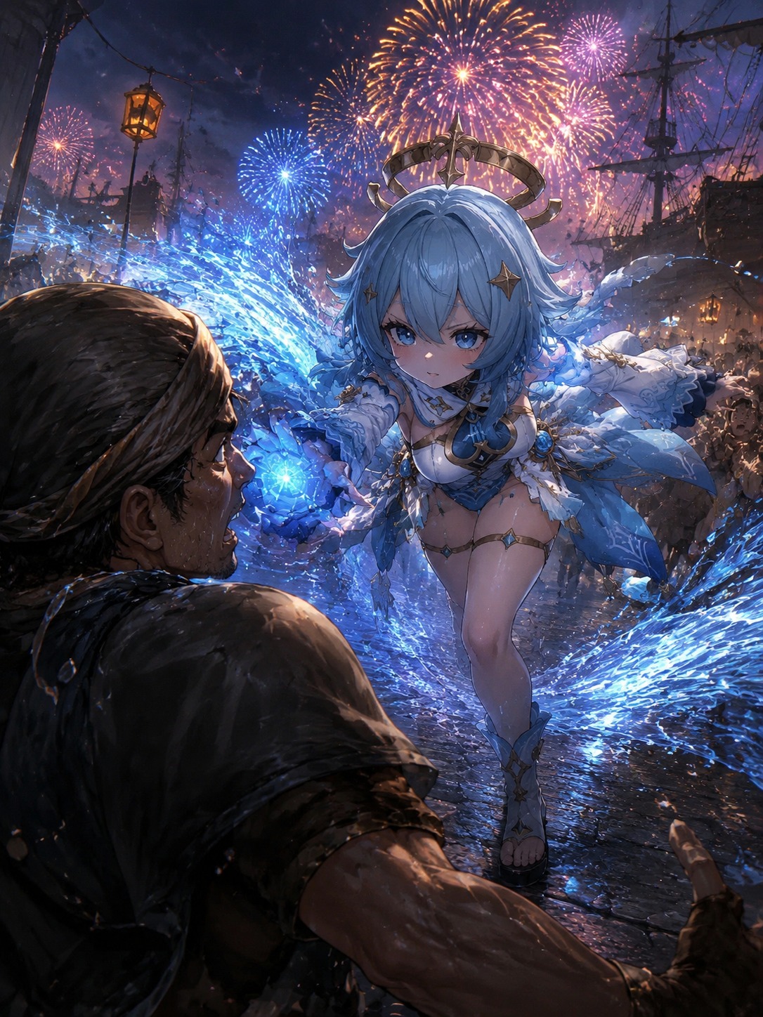 Lunging at a passing traveler with elemental force At a busy harbor during a fireworks show (dark fantasy, cinematic lighting and grit)