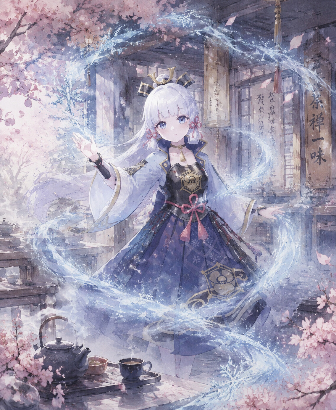 Conjuring a swirling frost blizzard in a quiet tea house filled with rising steam (ethereal watercolor)