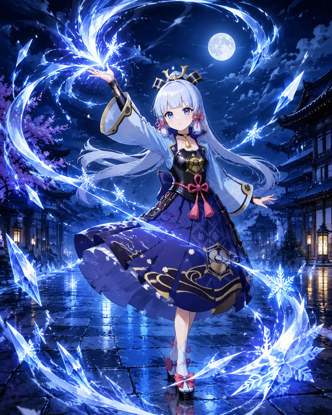 Conjuring a swirling frost blizzard in a rain-slicked courtyard under a moonlit sky (sharp cel-shaded anime)