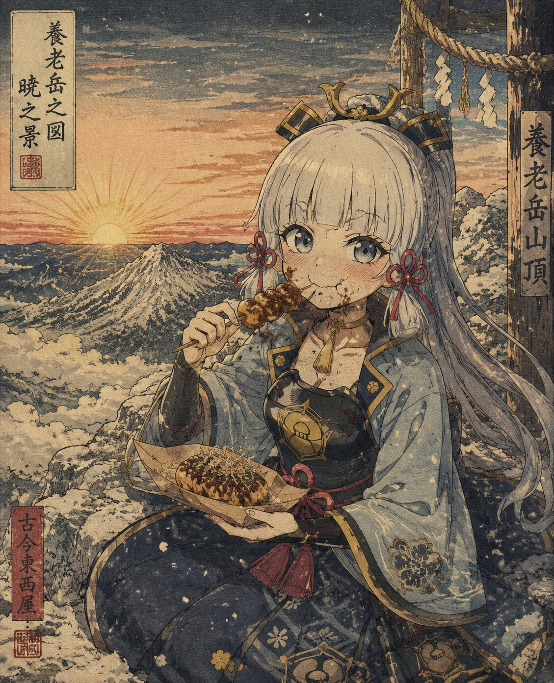 Eating street food with a messy grin at the snowy peak of Mount Yougou during sunrise (moody Ukiyo-e woodblock print style)