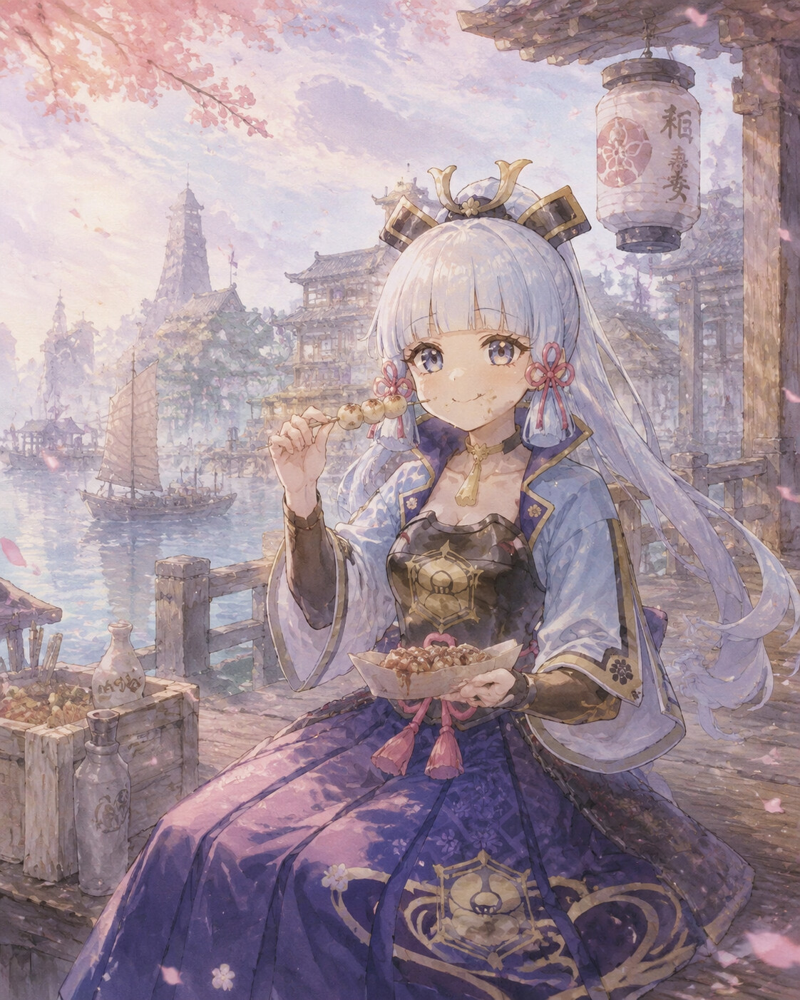 Eating street food with a messy grin on a wooden pier overlooking the misty Ritou harbor (ethereal watercolor)