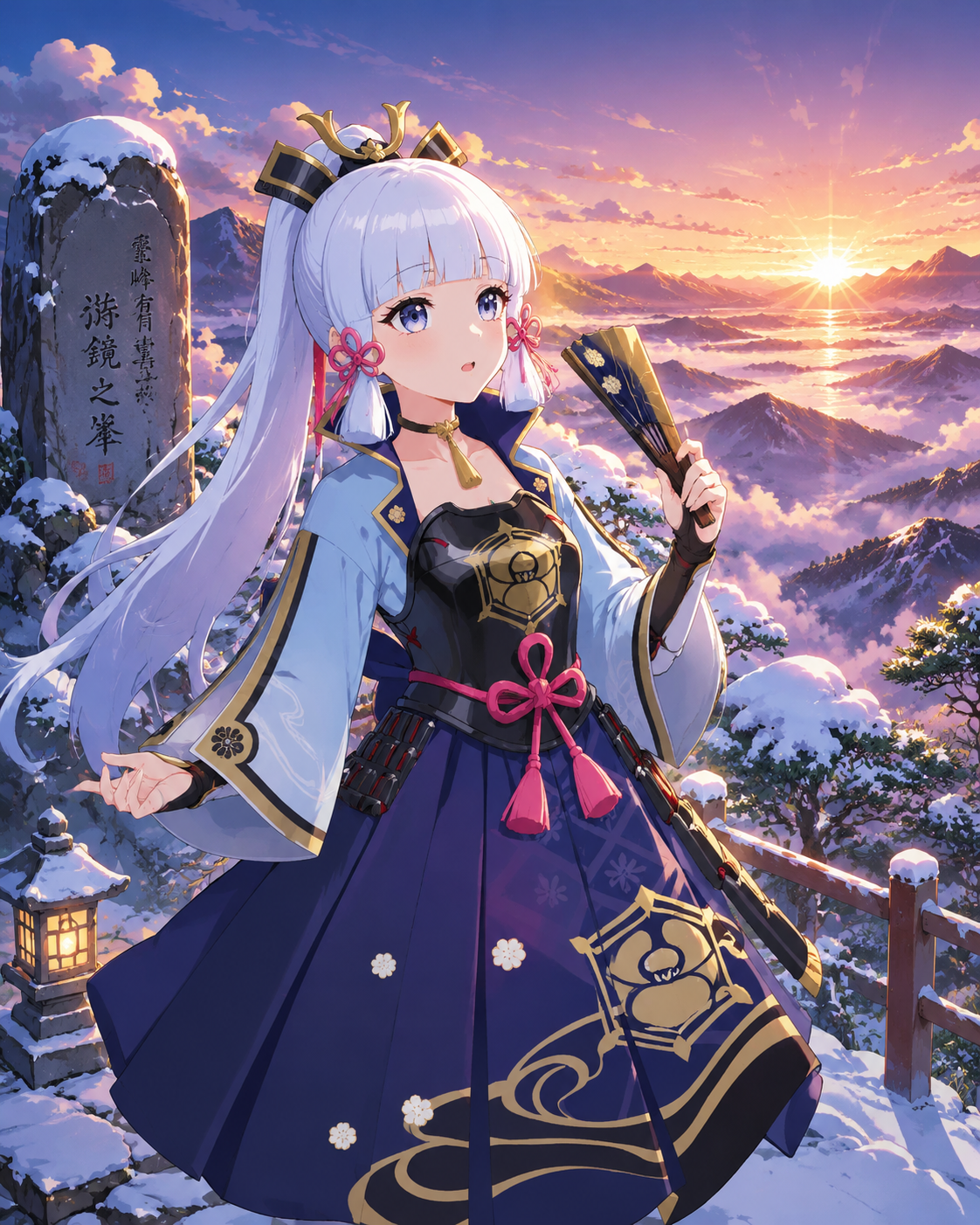 Reciting poetry while holding a folded fan At the snowy peak of Mount Yougou during sunrise (sharp cel-shaded anime, vibrant colors)