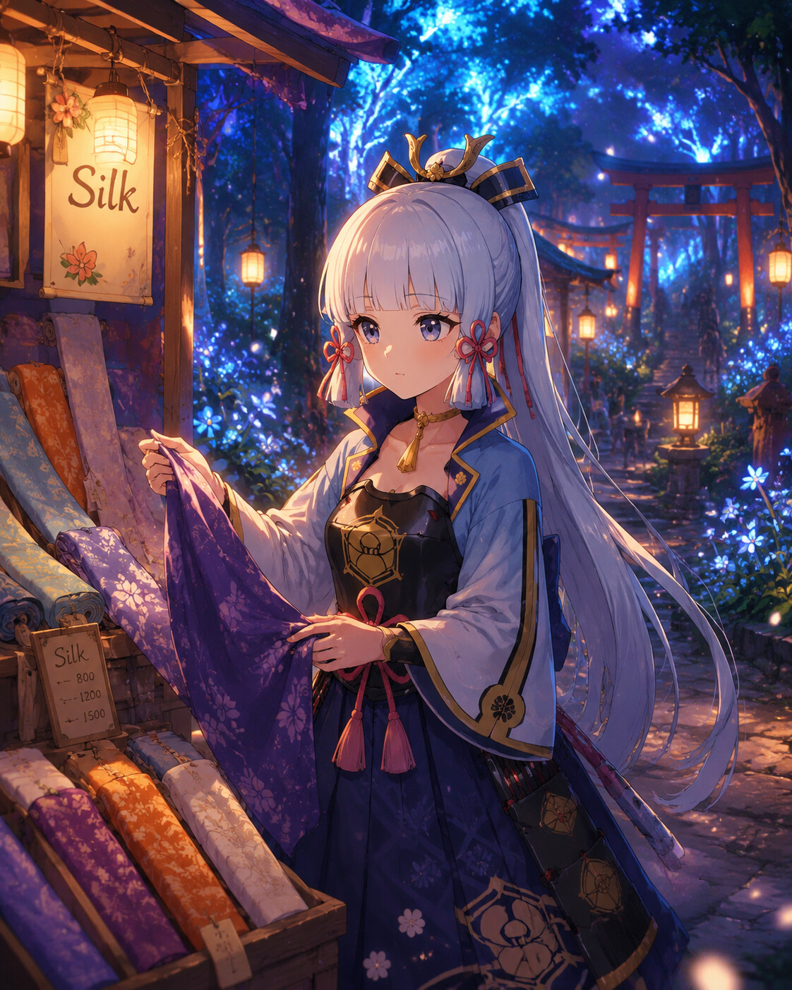Shopping for silk at a market stall at the tranquil Chinju Forest under glowing blue trees (cozy lo-fi aesthetic)