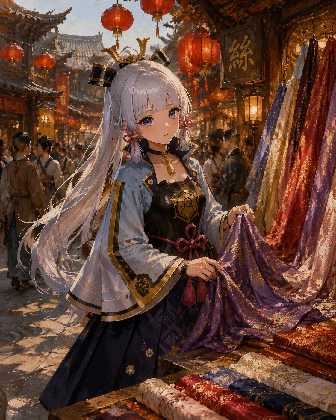 Shopping for silk at a market stall On a bustling street beneath hanging red lanterns (detailed oil painting, rich textures and shadows)