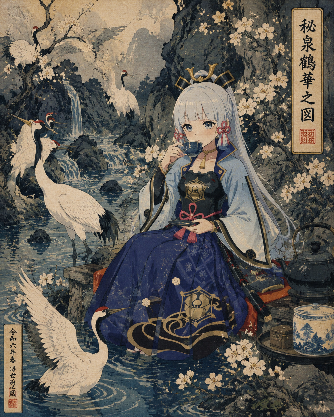 Sipping tea with perfect posture At a hidden spring surrounded by blooming white cranes (moody Ukiyo-e woodblock print style)