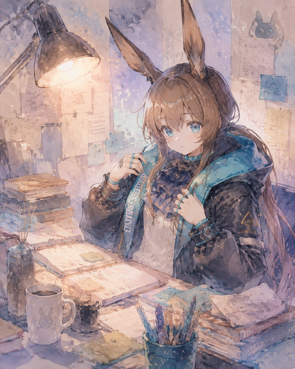 Adjusting her oversized coat and rings At a cluttered desk lit by a single lamp (soft watercolor, ethereal glow and pastel tones)