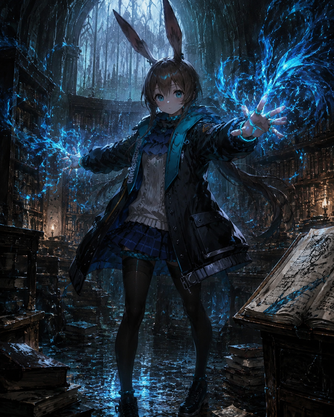 Casting blue arts flames from her rings In a quiet library surrounded by ancient books (gritty concept art, high contrast and rain)