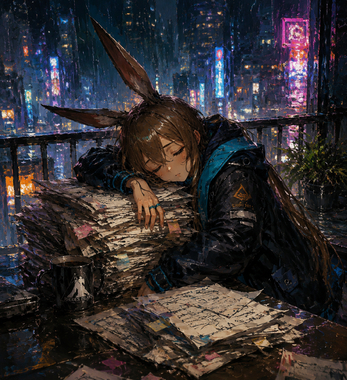 Falling asleep over a mountain of paperwork At a rainy balcony under neon city lights (oil painting, thick brushstrokes and rich shadows)