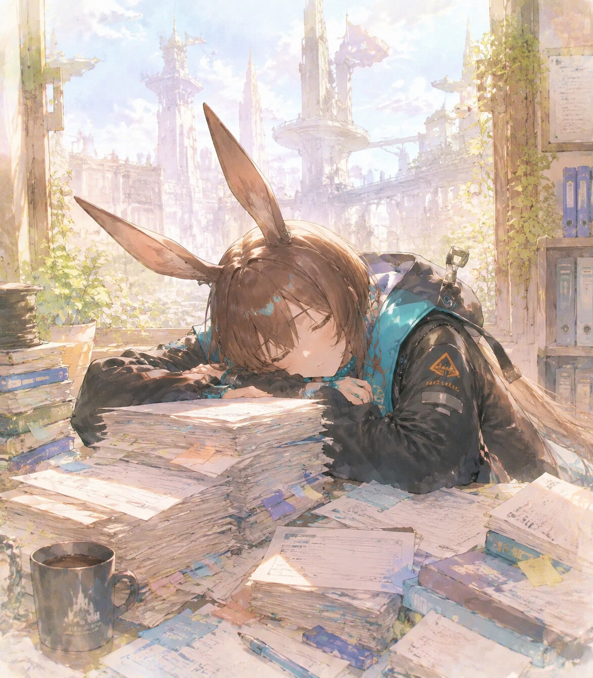 Falling asleep over a mountain of paperwork at a sun-drenched window overlooking a mobile city (soft watercolor)
