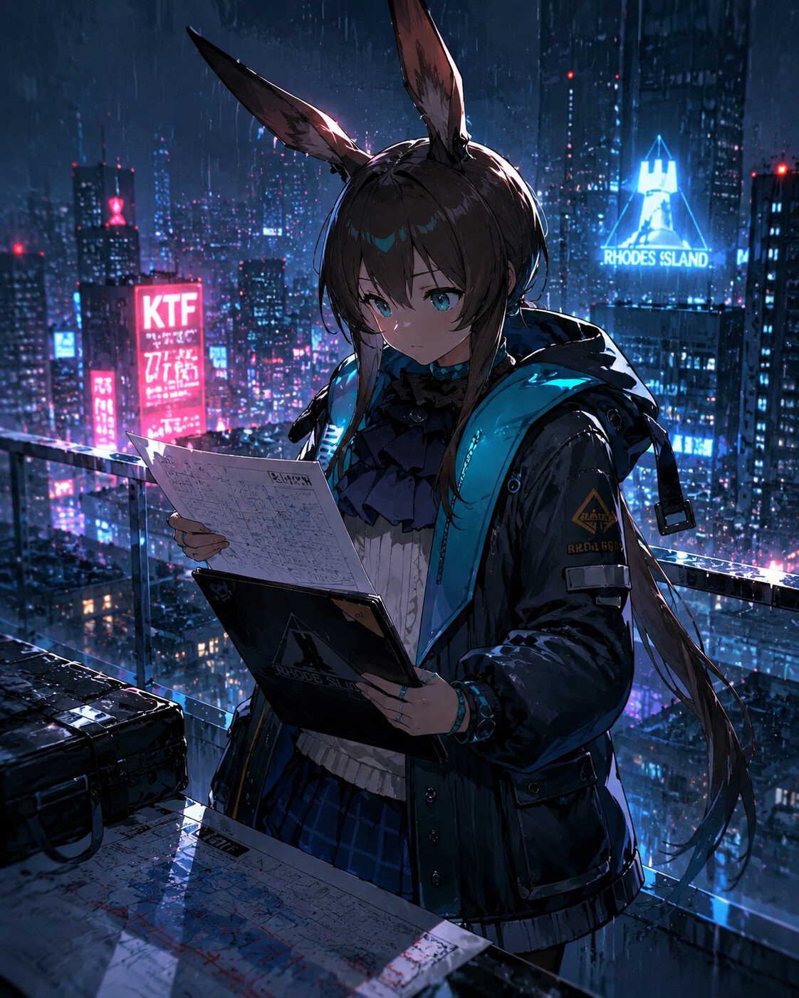 Reviewing tactical documents with a serious expression at a rainy balcony under neon city lights (cinematic anime)