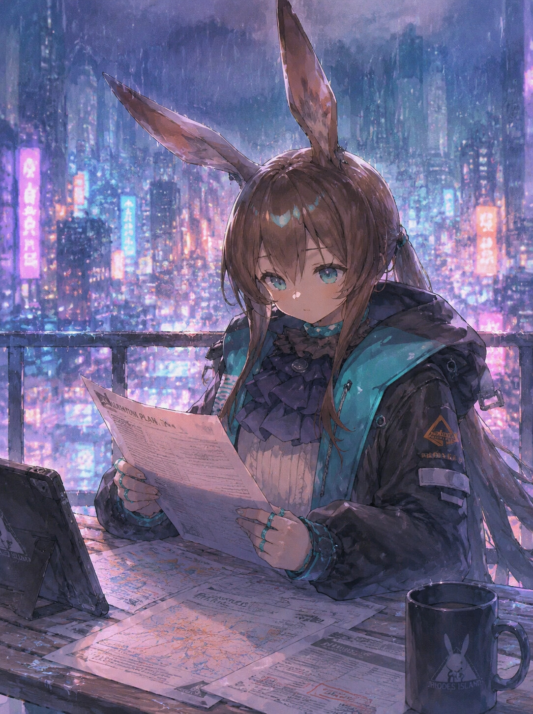 Reviewing tactical documents with a serious expression at a rainy balcony under neon city lights (soft watercolor)
