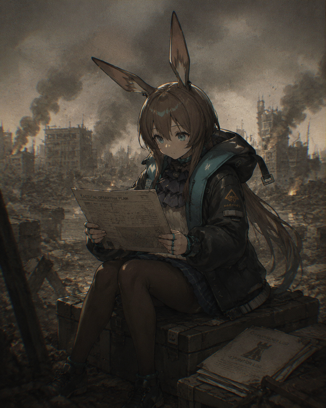 Reviewing tactical documents with a serious expression On a battlefield littered with smoking debris (lo-fi aesthetic, muted colors and nostalgic lighting)