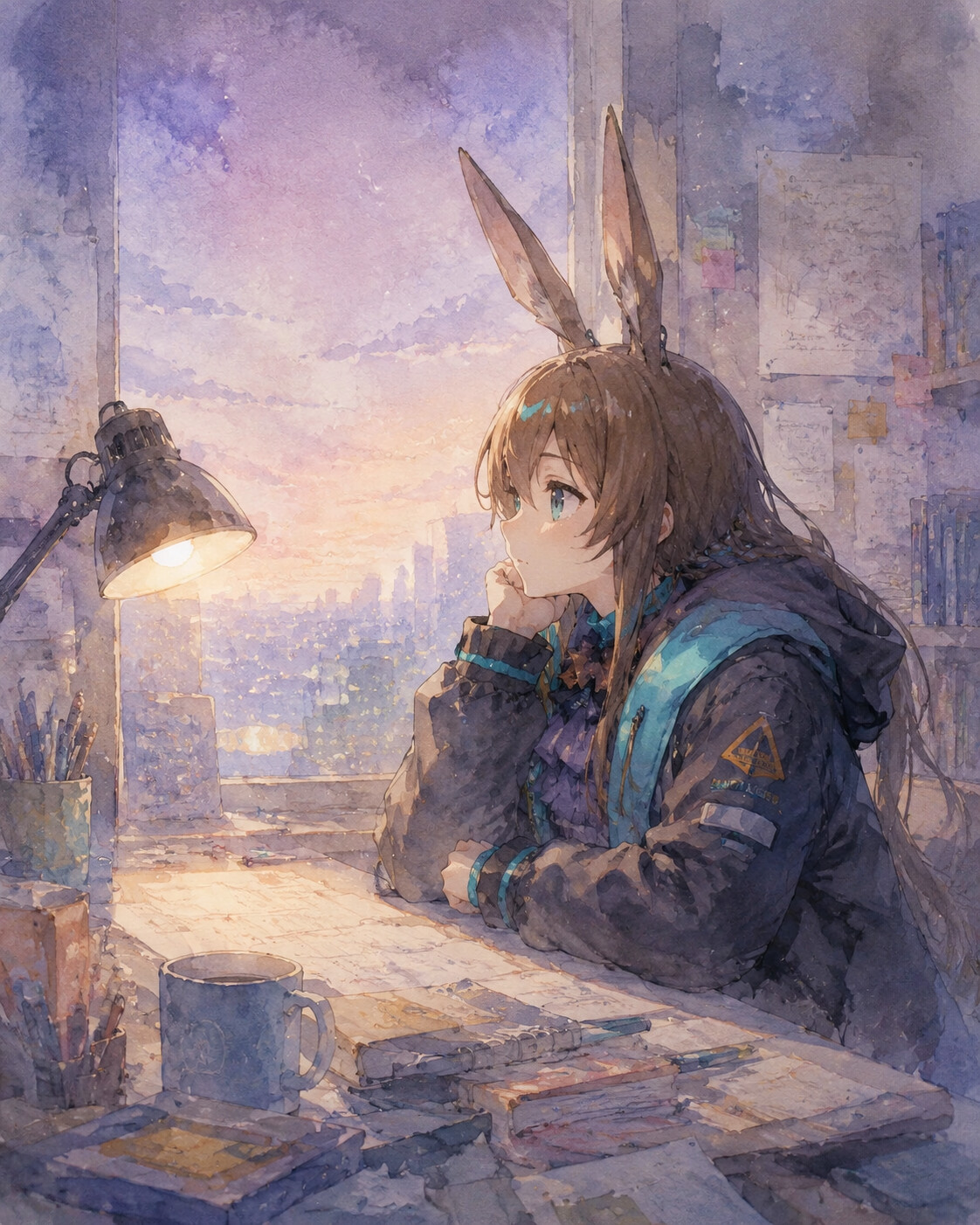 Staring solemnly at the distant horizon at a cluttered desk lit by a single lamp (soft watercolor)