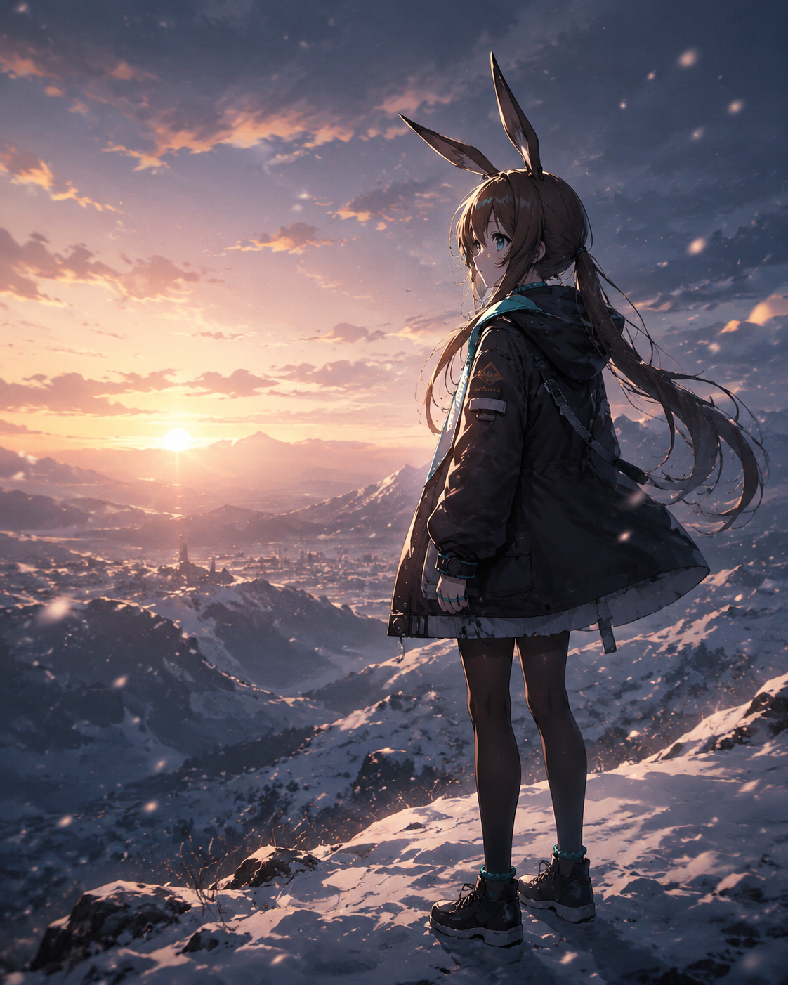 Staring solemnly at the distant horizon On a snowy hill during a pale sunrise (cinematic anime, dramatic lighting and particles)