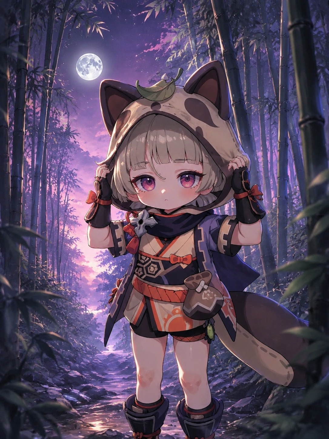 Adjusting her oversized animal-eared hood In a dense bamboo forest under silver moonlight (dreamy digital painting, soft purple sunset hues)