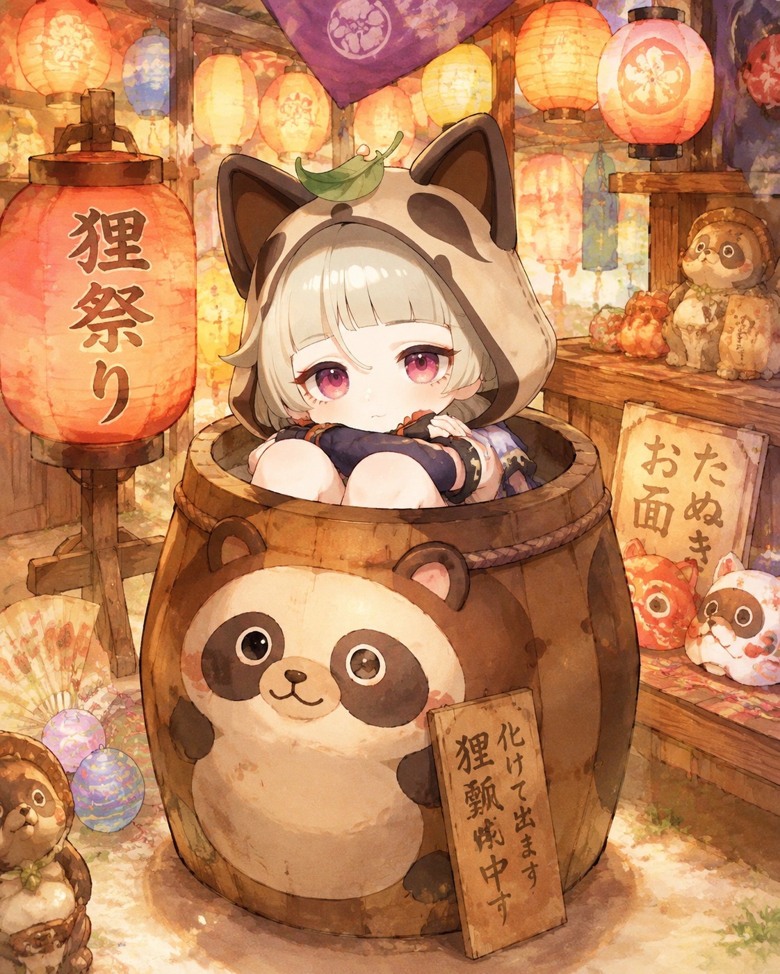 Curling up inside a mujina-shaped barrel At a vibrant festival stall surrounded by paper lanterns (soft watercolor anime, hazy afternoon glow)