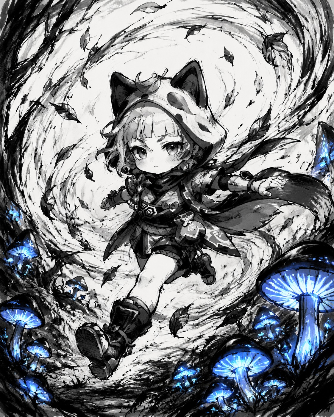 Dashing through a whirlwind of swirling leaves In a secluded grove of glowing blue mushrooms (high-contrast ink sketch, messy charcoal lines)