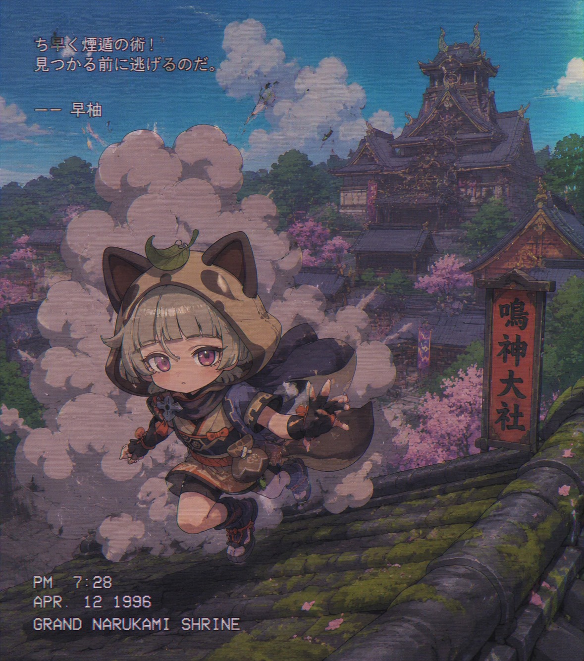 Executing a rapid ninjutsu smoke-bomb escape On a mossy rooftop overlooking the Grand Narukami Shrine (vintage 90s retro anime, lo-fi aesthetic)