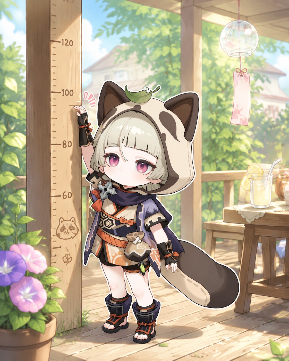 Measuring her height against a notched post On a sun-drenched porch during a humid summer afternoon (cute chibi style, bright pastel colors)