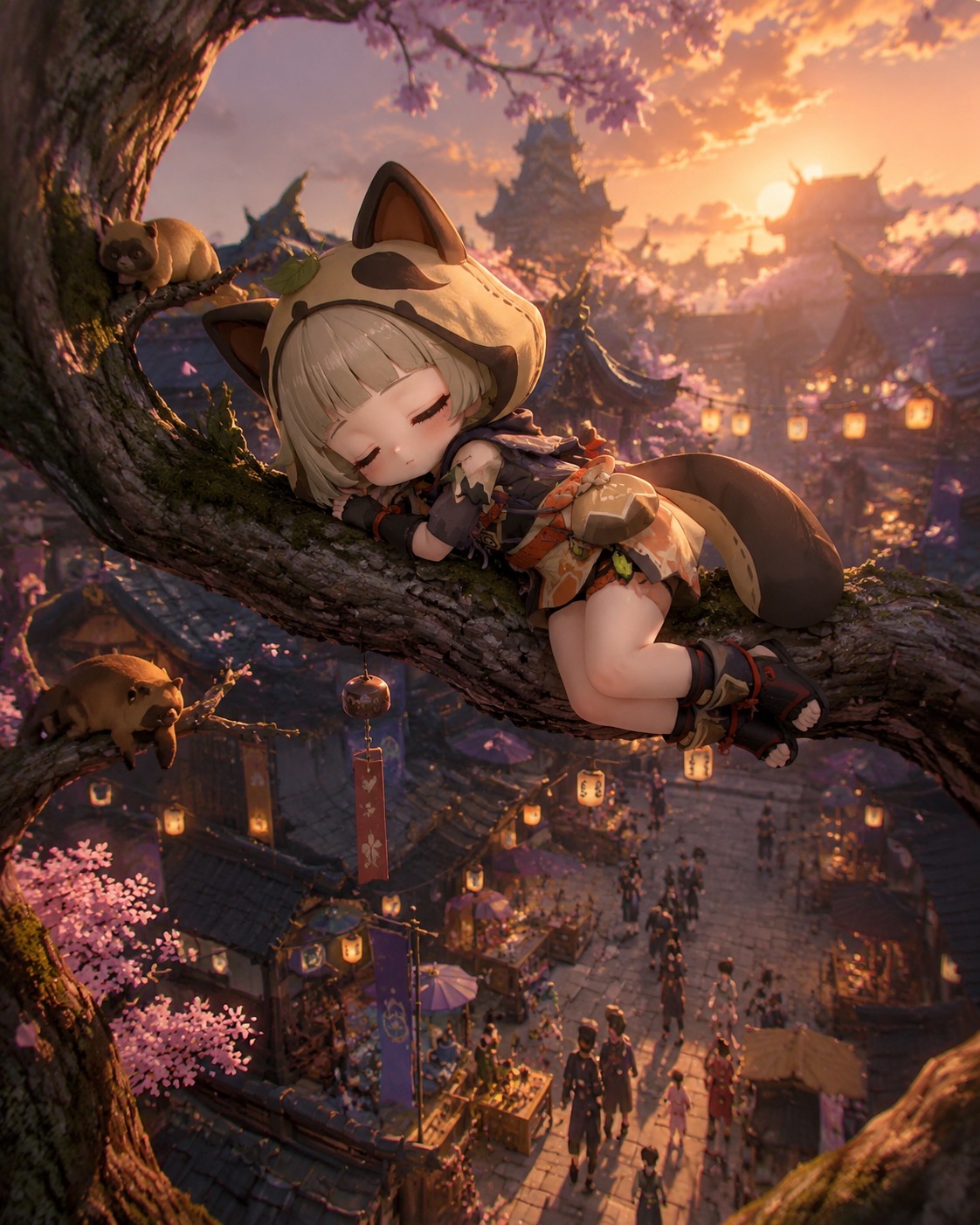 Napping soundly on a high tree branch At a bustling Inazuma street market during sunset (detailed 3D render, Unreal Engine 5 lighting)
