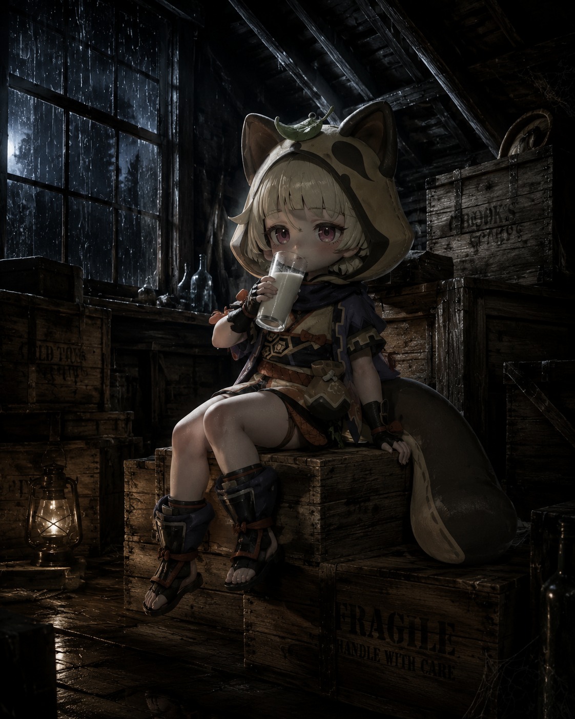 Sipping a tall glass of cold milk In a dusty attic filled with old storage crates (gritty cinematic noir, dramatic shadows and rain)