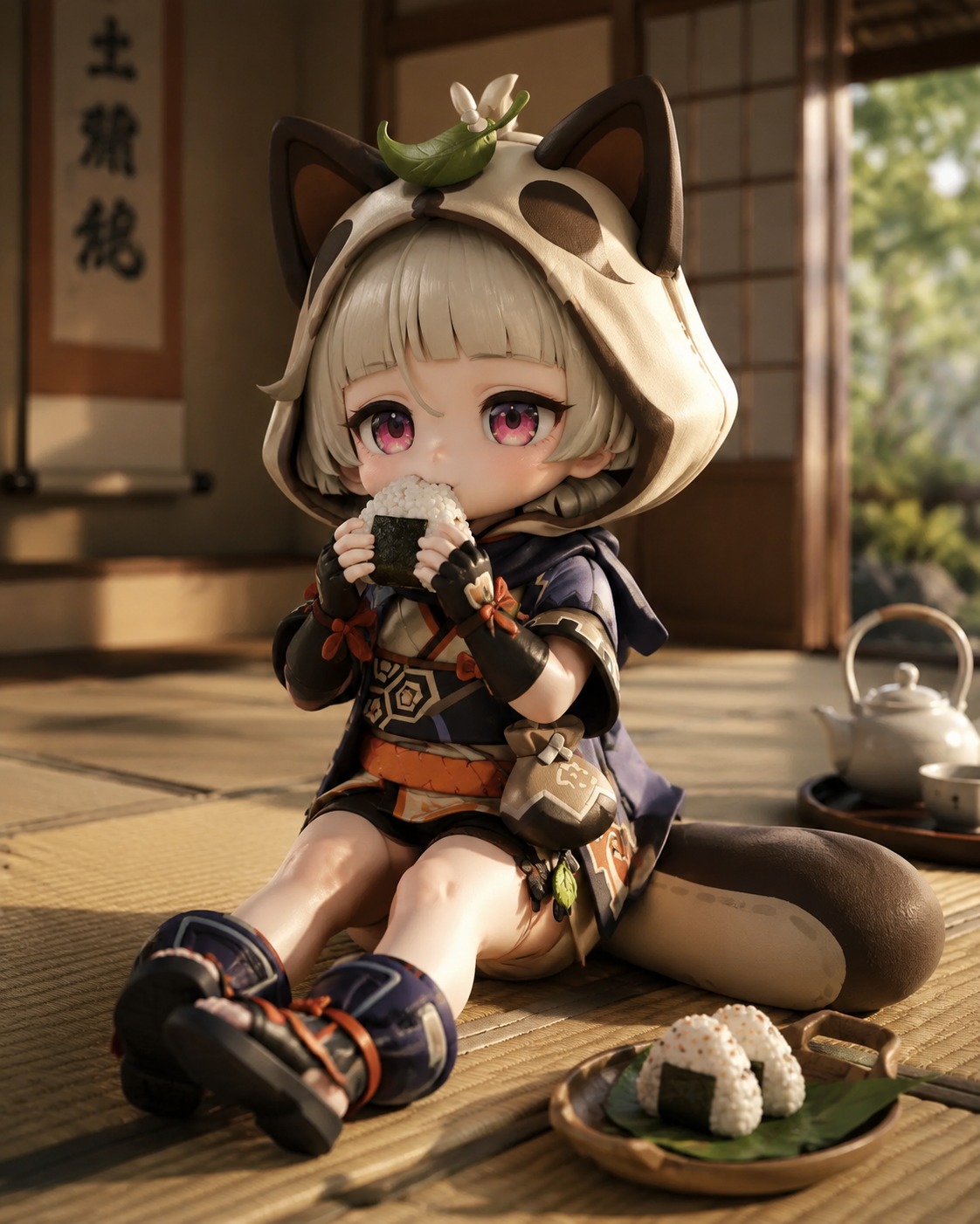 Snacking on a salty triangular rice ball On a plush tatami mat inside a quiet tea house (detailed 3D render, Unreal Engine 5 lighting)