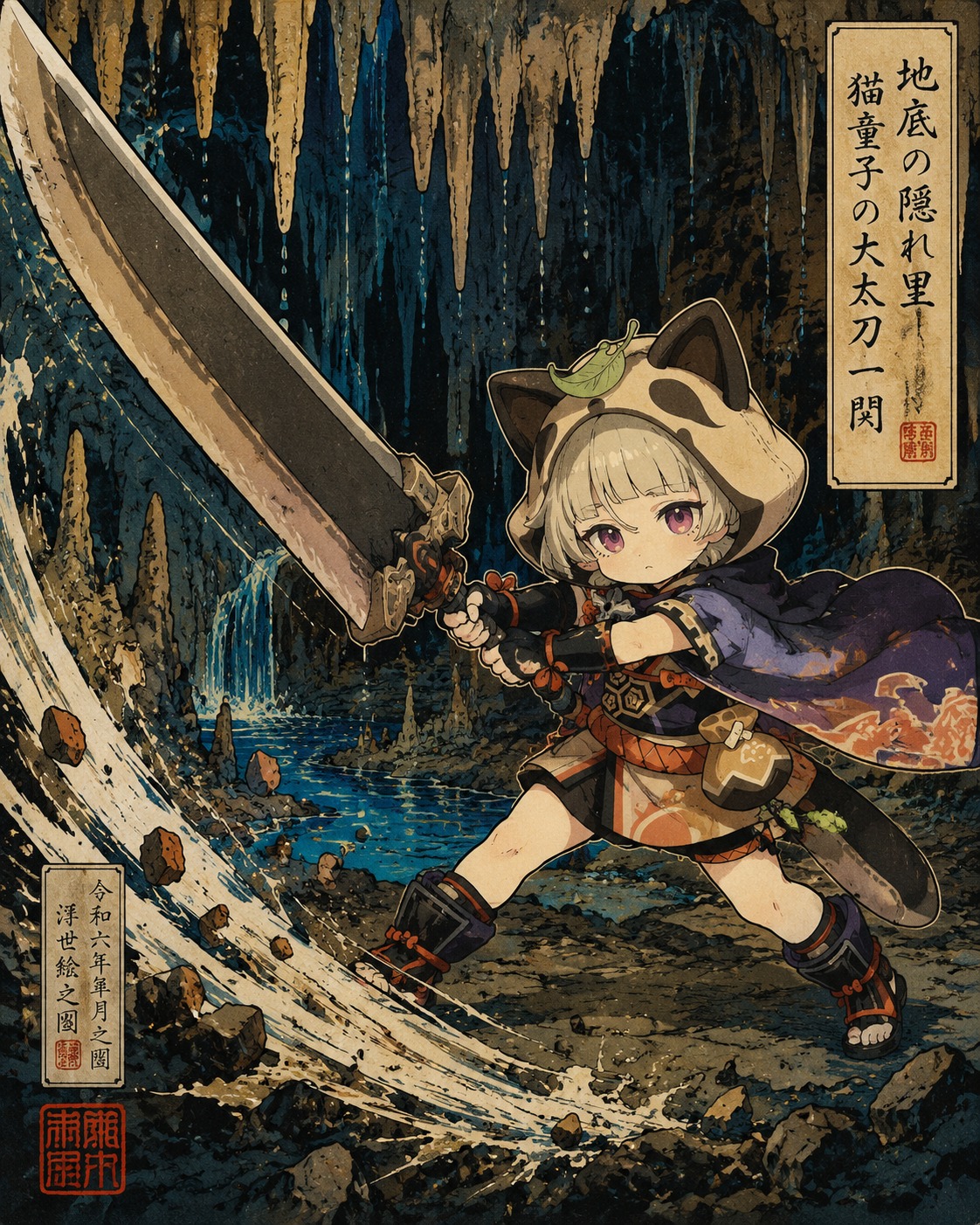 Swinging a massive claymore with both hands In a hidden underground cavern with dripping stalactites (vibrant Ukiyo-e woodblock print style)