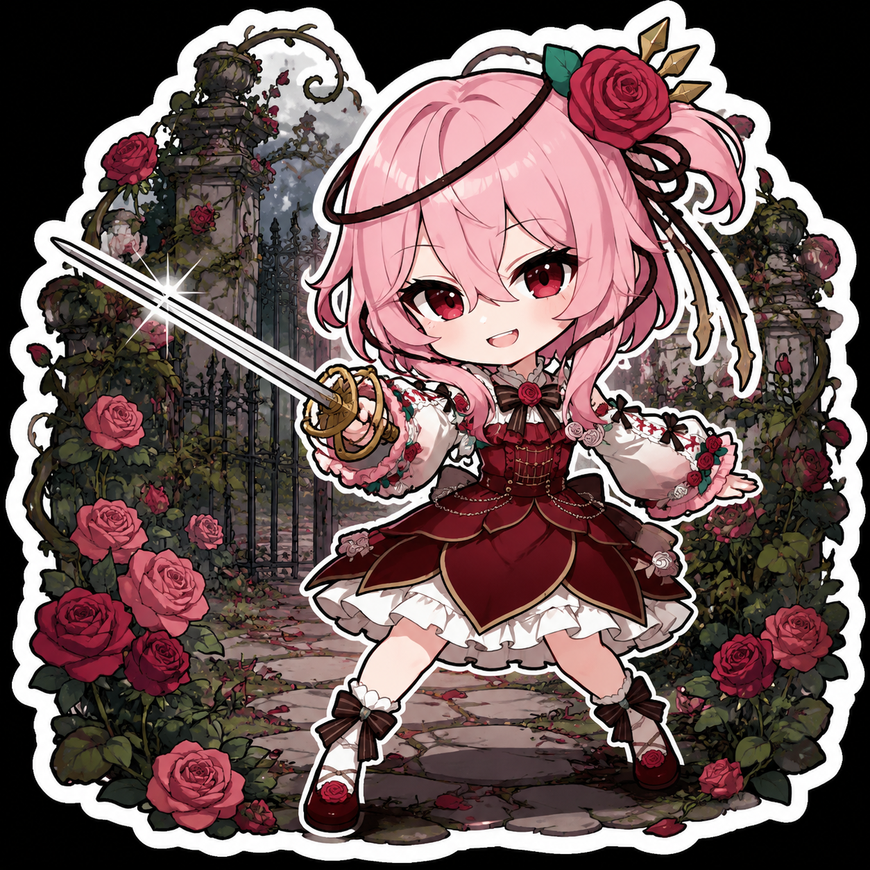 Brandishing a shimmering rapier for a duel In an overgrown Victorian rose garden (chibi sticker art with thick outlines)