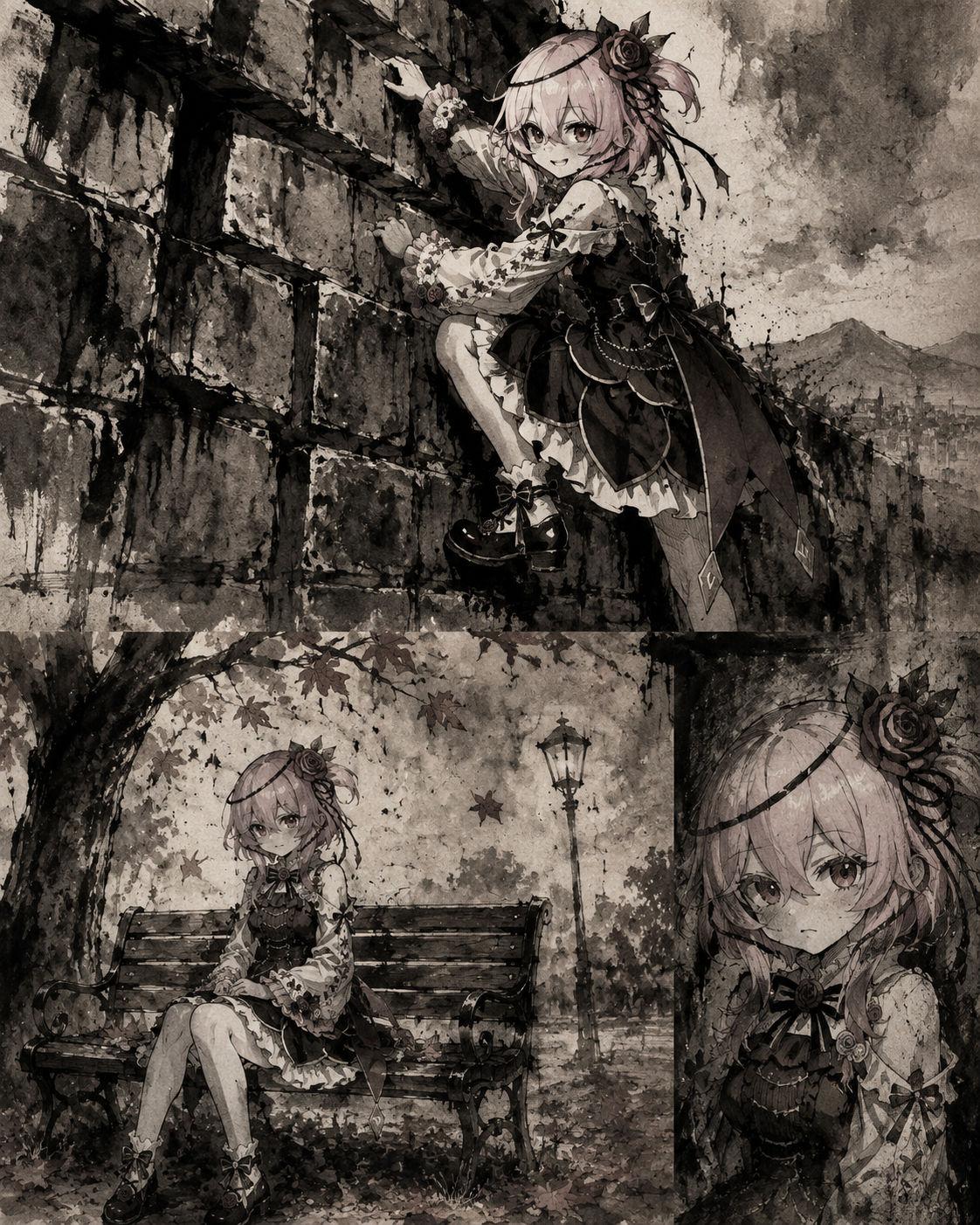 Climbing a jagged stone wall On a quiet park bench during autumn (gritty noir sketch with heavy ink washes)