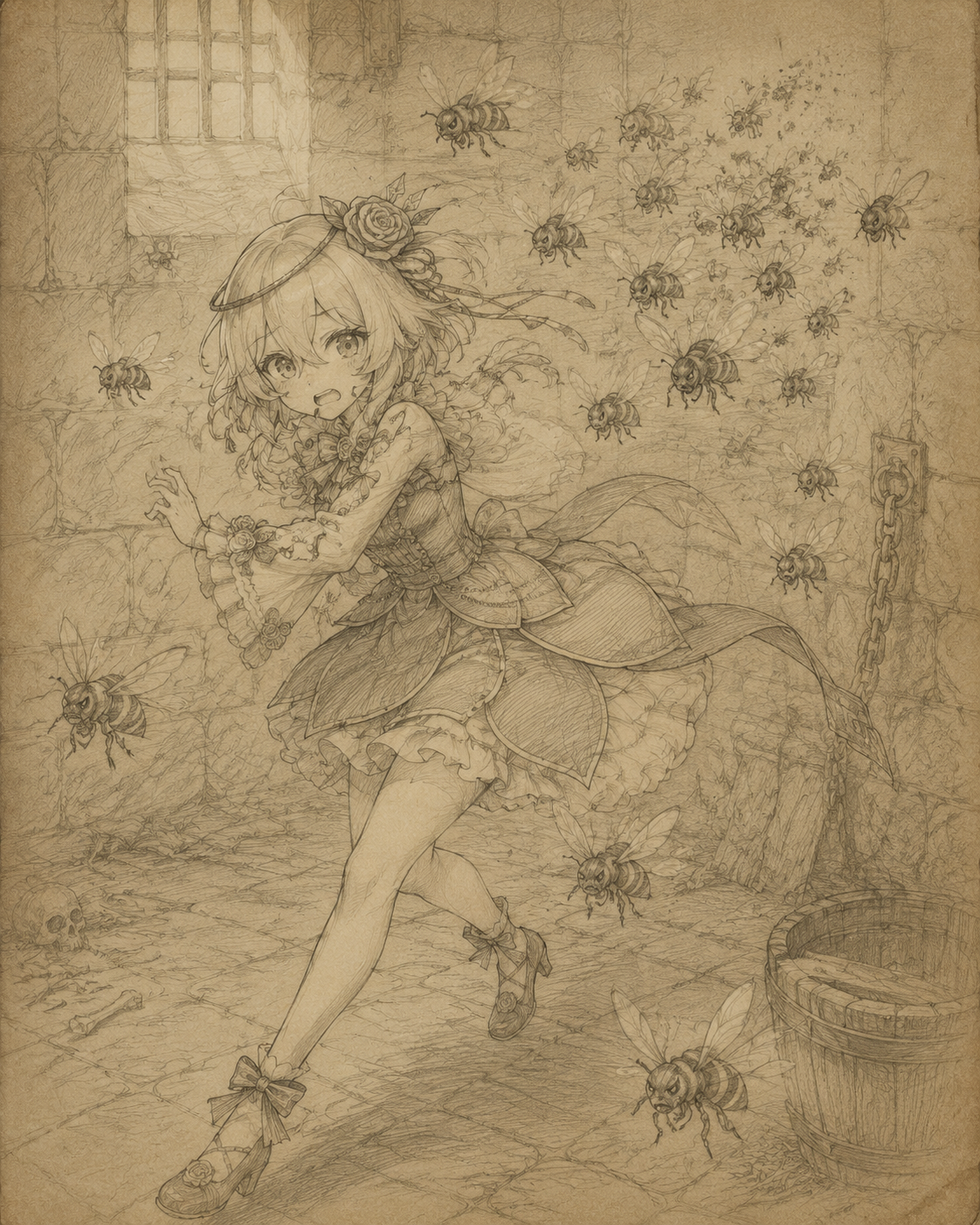 Dodging a swarm of angry bees In a dimly lit medieval dungeon cell (delicate pencil sketch on parchment)