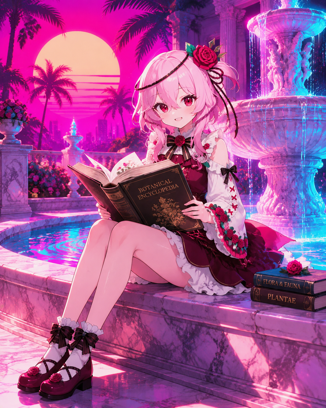 Reading a thick botanical encyclopedia At a sun-drenched marble fountain (high-contrast synthwave with neon glow)