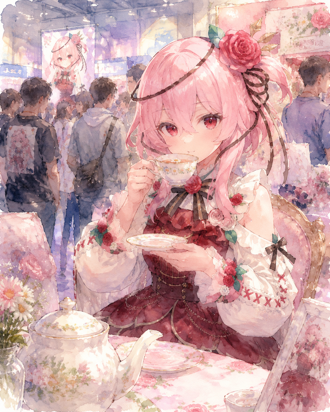 Sipping chamomile tea from a delicate china cup At a crowded gaming convention booth (soft watercolor anime with ethereal lighting)